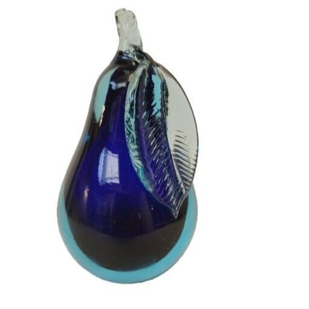 Vtg Art Glass Murano Hand Blown Cobalt Blue To Green Pearl Shape 7" Paperweight